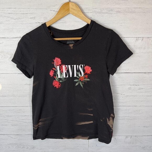 Levis Top SZ XS Black The Perfect Tee Bleached Logo Cactus Flower Short Sleeve - Picture 5 of 14